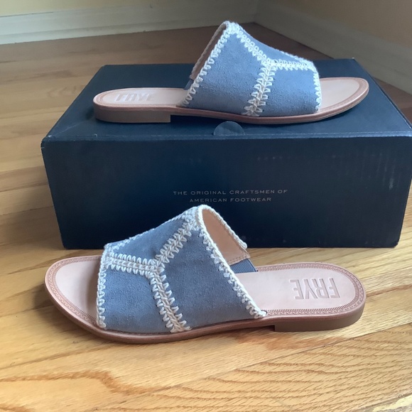 FRYE Ava Crochet Leather Slide Sandals Steel Blue SZ 9 - Picture 2 of 16
